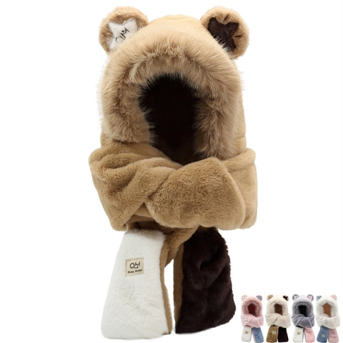 Ensemble Bonnet Écharpe Et Gants En Peluche Avec Oreilles D'Ours Pour Femme Chaud Hiver Châle À Capuche En Fausse Fourrure Épaissie