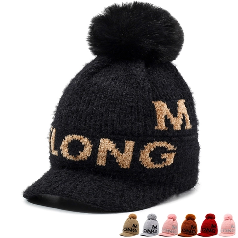 Bonnet en Tricot de Chenille d'Hiver pour Femme Avec Grand Pompon Bord Court Doublé en Polaire Chaud Lettre M Brodée