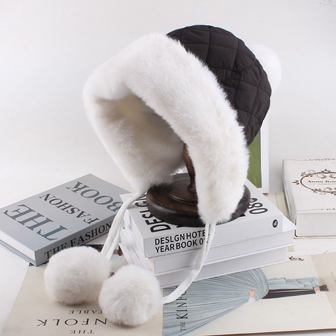 Women Winter Warm Trapper Hat Quilted Faux Fur Lined Lei Feng Hat With Pom-poms Outdoor Skiing Cycling Windproof Hat