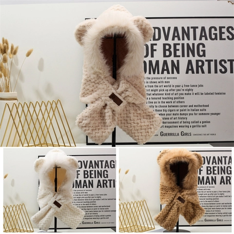 Chapeau Écharpe À Capuche Chaud D'hiver Avec Oreilles D'ours Pour Femmes Doublé De Polaire Épais En Peluche Intégré Chapeau