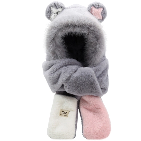 Ensemble Bonnet Écharpe Et Gants En Peluche Avec Oreilles D'Ours Pour Femme Chaud Hiver Châle À Capuche En Fausse Fourrure Épaissie
