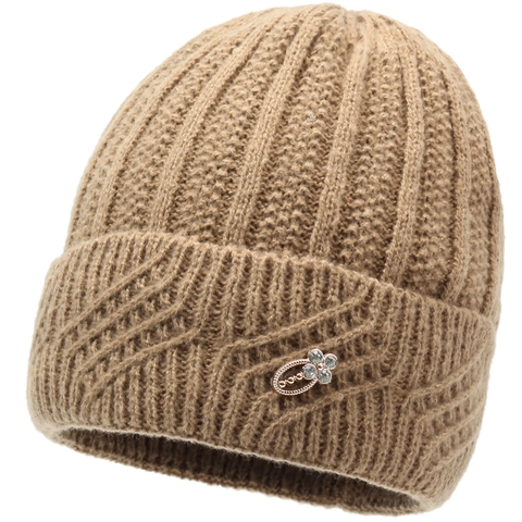 Bonnet Tricoté Chaud Pour Femmes Hiver Doublé Polaire Couvre-Chef Thermique Épais Avec Décoration De Fleurs En Strass Pour Mères Âgées