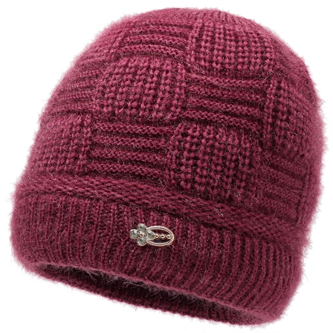 Bonnet en Tricot Chaud d'Hiver pour Femmes Doublé en Polaire Motif à Carreaux avec Fleur en Métal et Strass pour Maman