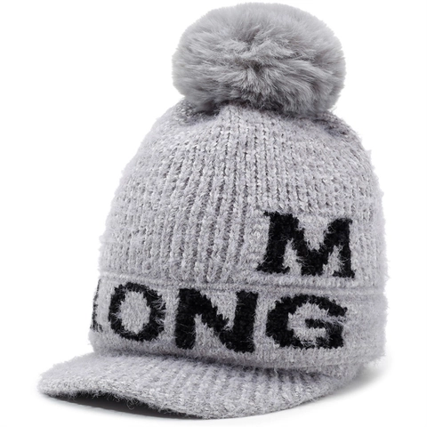 Bonnet en Tricot de Chenille d'Hiver pour Femme Avec Grand Pompon Bord Court Doublé en Polaire Chaud Lettre M Brodée