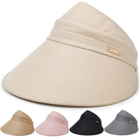 Visera Solar de Verano para Mujer de Ala Ancha Sombrero de Copa Vacío Color Sólido Transpirable Plegable de Poliéster