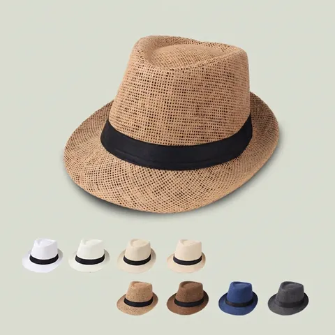 Chapeau Fedora en Paille Tissée Respirant Été Unisexe Bord Court Protection Solaire Chapeau de Jazz pour Vacances en Plein Air