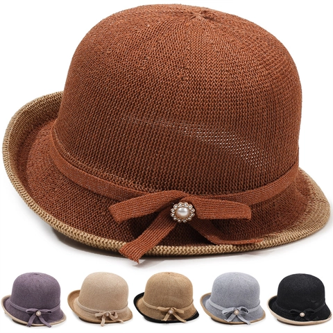 Chapeau de Pêcheur Rétro en Maille pour Femme Avec Nœud et Perle Artificielle Pare-Soleil Pliable Respirant pour Voyage