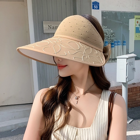 Women Wide Brim Sun Visor Hat Breathable Polyester Empty Top Cap With Abstract Embroidery And Bowknot Summer Travel Beach Hat