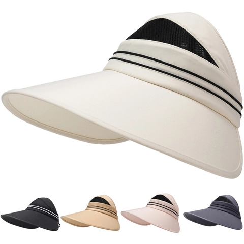 Visière de Soleil Femme Large Bord Protection UV Respirant Maille Haut Vide Chapeau pour Cyclisme Extérieur Plage Été Décontracté