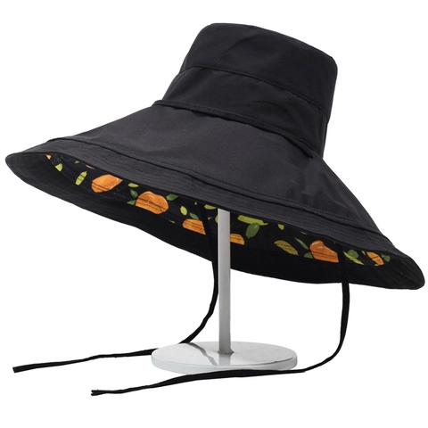 Chapeau de Soleil à Large Bord pour Femmes Bob Réversible Été Imprimé Orange Fruits Chapeau de Plage Avec Cordon