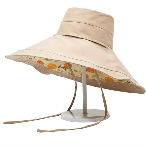 Chapeau de Soleil à Large Bord pour Femmes Bob Réversible Été Imprimé Orange Fruits Chapeau de Plage Avec Cordon