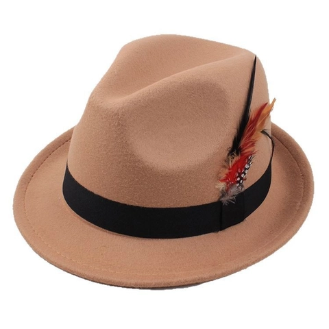 Vintage Fedora Hat For Men Women Polyester Felt Jazz Hat With Feather Decoration Ribbon Trim British Style Panama Sun Hat