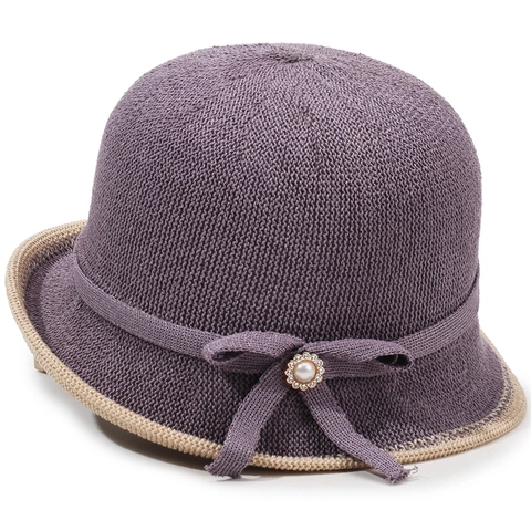 Chapeau de Pêcheur Rétro en Maille pour Femme Avec Nœud et Perle Artificielle Pare-Soleil Pliable Respirant pour Voyage