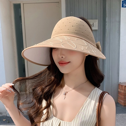 Women Wide Brim Sun Visor Hat Breathable Polyester Empty Top Cap With Abstract Embroidery And Bowknot Summer Travel Beach Hat
