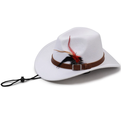 Chapeau de Cowboy Occidental Vintage avec Bande en Cuir à Plumes Corde Coupe-vent Bord Large Fedora Feutre Homme Femme