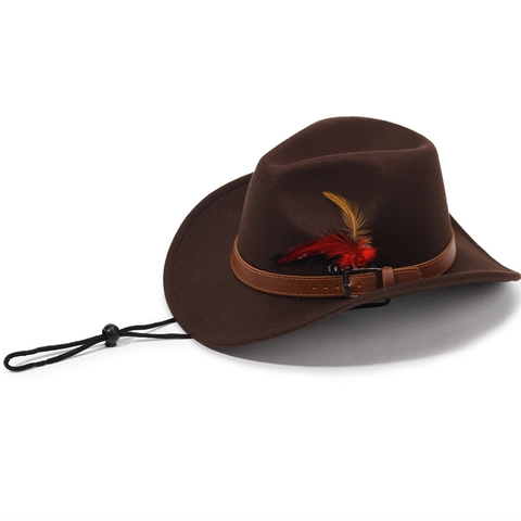 Chapeau de Cowboy Occidental Vintage avec Bande en Cuir à Plumes Corde Coupe-vent Bord Large Fedora Feutre Homme Femme