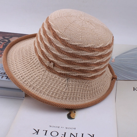 Cappello da Sole Estivo da Donna in Poliestere a Secchiello in Maglia con Falda Larga Strass Lettera M Motivo Ondulato Pieghevole Traspirante Protezione UV