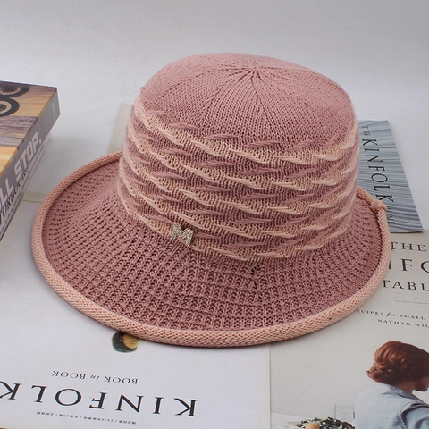 Cappello da Sole Estivo da Donna in Poliestere a Secchiello in Maglia con Falda Larga Strass Lettera M Motivo Ondulato Pieghevole Traspirante Protezione UV
