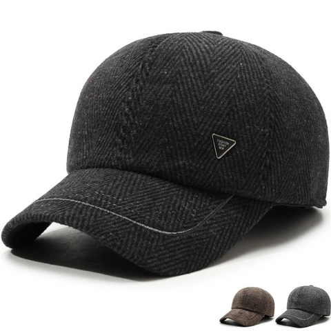 Men's Winter Warm Polyester Baseball Cap Herringbone Pattern Fleece Thickened Ear Protection Hat With Metal Triangle Logo