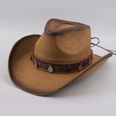 Westerse Cowboyhoed Voor Dames Retro Papierstro Brede Rand Zonnescherm Hoed Met Stierenkop Metalen Decoratie Etnische Stijl Ruiter Ridder Hoed