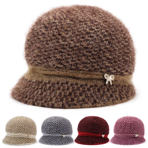 Women Winter Warm Thickened Knit Hat Elegant Bow Artificial Pearl Rhinestone Bucket Hat For Middle Aged Elderly Mothers