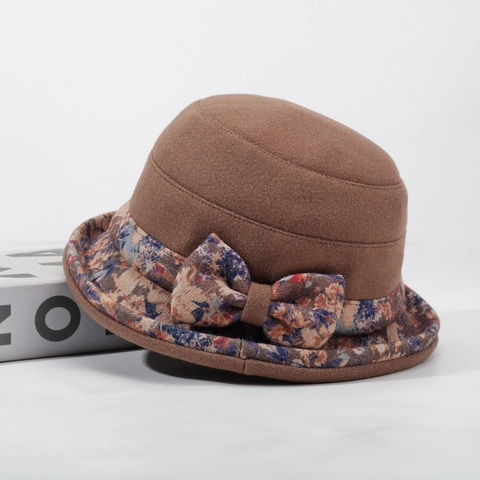 Chapeau Cloche Femme Rétro en Mélange de Laine Élégant Imprimé Floral Nœud Décor Hiver Chaud Chapeau Bob Accessoire Mode