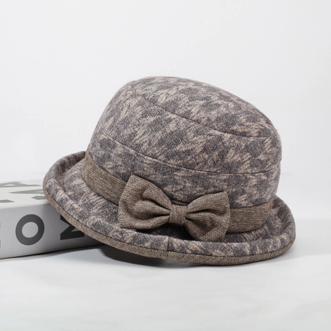 Chapeau Cloche Hiver Femme Élégant Chaud en Mélange de Coton Imprimé Floral Avec Nœud Cadeau pour Grand-Mère Âgée