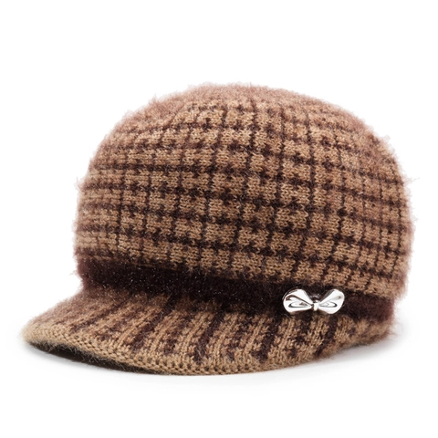 Winter Warme Gebreide Muts Voor Vrouwen Ruit Faux Bont Beanie Muts Met Strikdecoratie Fleece Gevoerd Thermisch Newsboy Pet