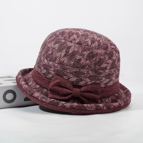 Chapeau Cloche Hiver Femme Élégant Chaud en Mélange de Coton Imprimé Floral Avec Nœud Cadeau pour Grand-Mère Âgée