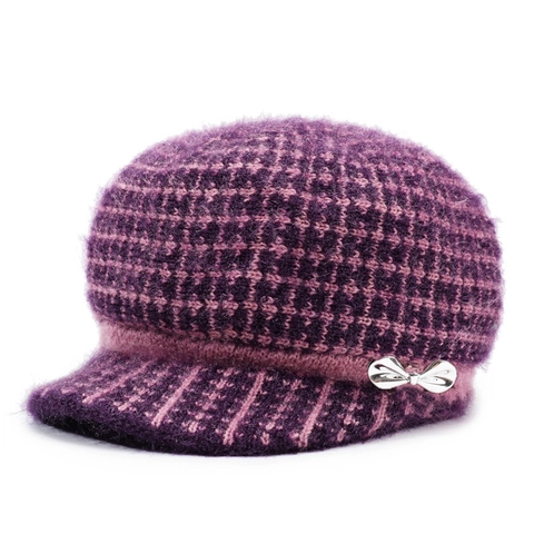Winter Warme Gebreide Muts Voor Vrouwen Ruit Faux Bont Beanie Muts Met Strikdecoratie Fleece Gevoerd Thermisch Newsboy Pet