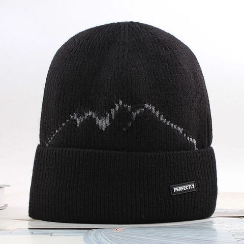 Heren Winter Warm Breien Beanie Hoed Bergpatroon Letter Label Dubbele Laag Verdikte Winddicht Thermische Outdoor Fietsen Beanie