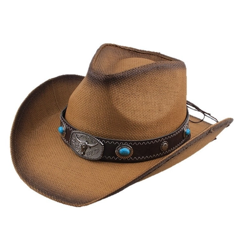 Westerse Cowboyhoed Voor Dames Retro Papierstro Brede Rand Zonnescherm Hoed Met Stierenkop Metalen Decoratie Etnische Stijl Ruiter Ridder Hoed