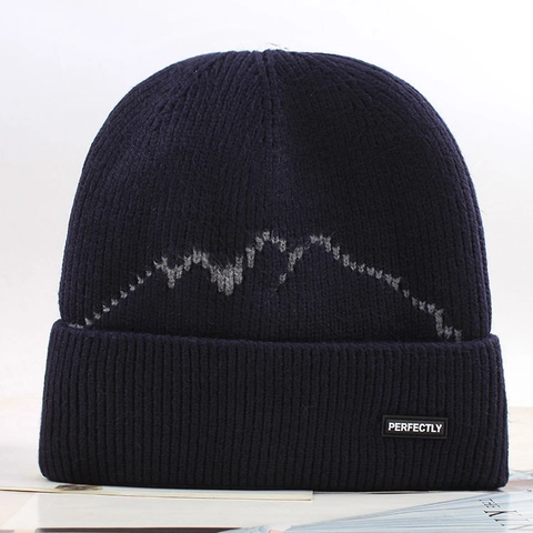 Heren Winter Warm Breien Beanie Hoed Bergpatroon Letter Label Dubbele Laag Verdikte Winddicht Thermische Outdoor Fietsen Beanie