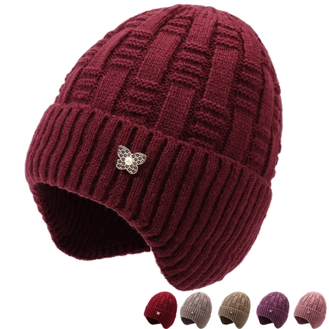 Women Winter Knitted Beanie Hat Warm Ear Protection Polyester Hat With Butterfly Artificial Pearl Rhinestone Decoration