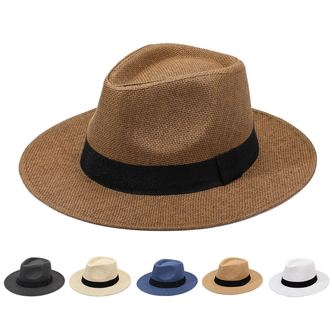 Chapeau de Paille Fedora d'Été pour Hommes Femmes Chapeau de Soleil à Large Bord Chapeau de Plage Panama Chapeau Trilby Tissé Respirant