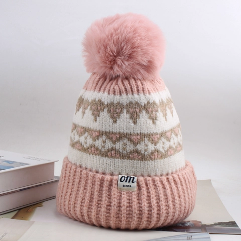Vrouwen Winter Gebreide Muts Met Grote Kunstbont Pompon Koreaanse Mode Ruitpatroon Warme Outdoor Gebreide Muts