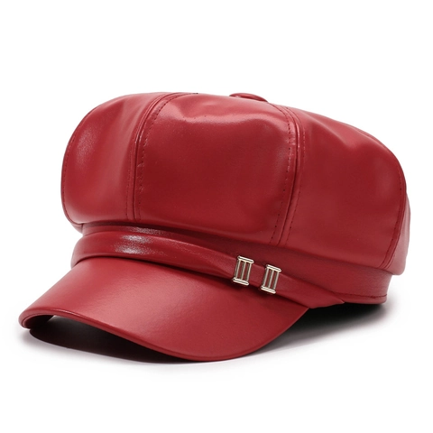 Gorra de Vendedor de Periódicos para Mujer de Cuero PU Boina Octogonal Vintage Con Hebilla de Metal Color Sólido Moda de Invierno