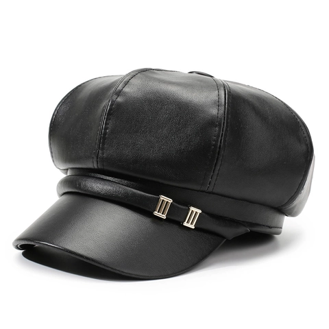 Gorra de Vendedor de Periódicos para Mujer de Cuero PU Boina Octogonal Vintage Con Hebilla de Metal Color Sólido Moda de Invierno