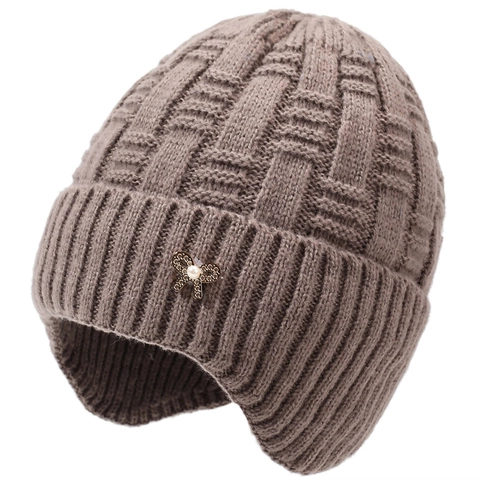 Women Winter Knitted Beanie Hat Warm Ear Protection Polyester Hat With Butterfly Artificial Pearl Rhinestone Decoration