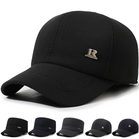 Herren Casual Baumwoll-Polyester-Mischung Baseballkappe Cadet Cap Stricktextur Metallemblem Warm Sonnenschutz Outdoor Hut