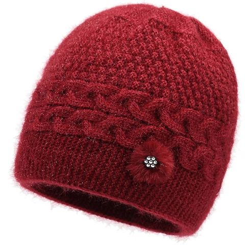 Dames Winter Warme Gebreide Beanie Muts Met Strass Bloem Decoratie Kabelgebreide Casual Outdoor Thermische Muts Voor Moeders