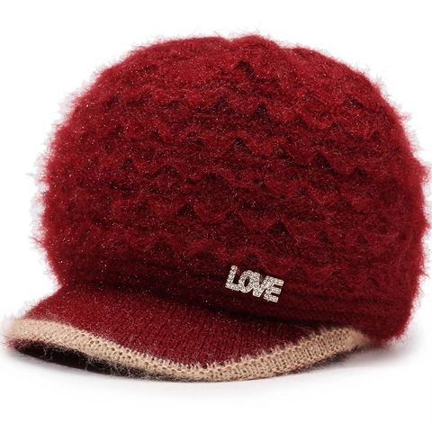 Gorro de Punto Cálido de Invierno Para Mujer Con Ala Grueso Doble Capa Poliéster Beanie Strass LOVE Decor Madre Abuela Casual