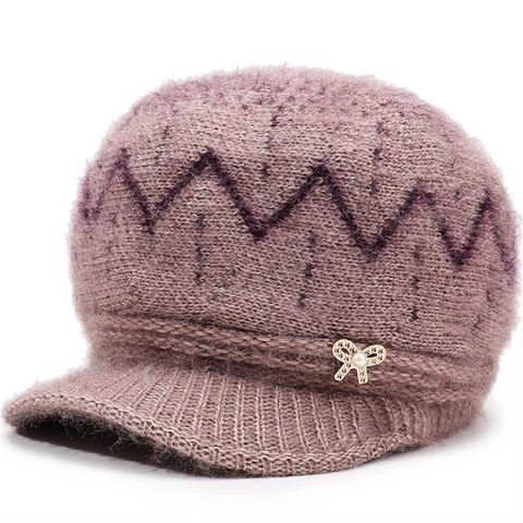 Women Winter Warm Knit Hat Fleece Lined Earmuff Peak Beanie Hat With Rhinestone Artificial Pearl Butterfly Bow Elegant Cap