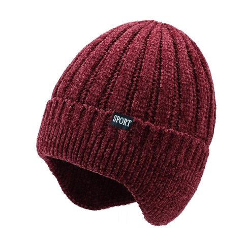 Herren Winter Warm Strickmütze Ohrenschutz Mütze Polyester Chenille Gerippte Beanie Mit Sport Etikett Winddicht Thermo Fleece Gefüttert Radmütze