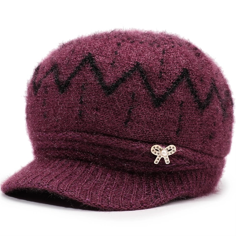 Women Winter Warm Knit Hat Fleece Lined Earmuff Peak Beanie Hat With Rhinestone Artificial Pearl Butterfly Bow Elegant Cap