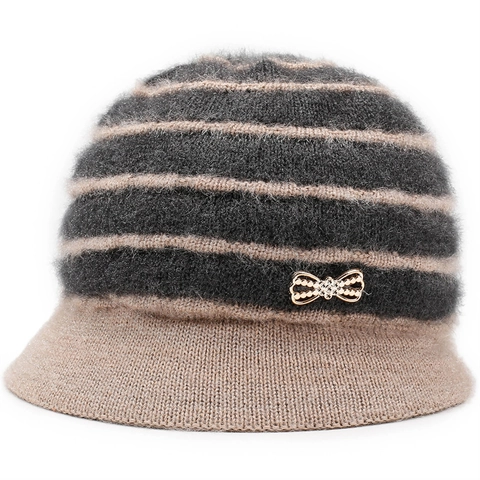 Dames Gestreept Gebreide Muts Winter Warm Harige Glockenhut Met Strass Strik Decor Casual Outdoor Mode Hoofddeksel