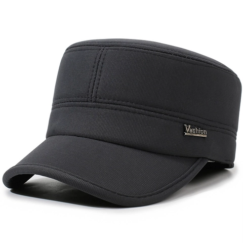 Herren Casual Baumwoll-Polyester-Mischung Baseballkappe Cadet Cap Stricktextur Metallemblem Warm Sonnenschutz Outdoor Hut