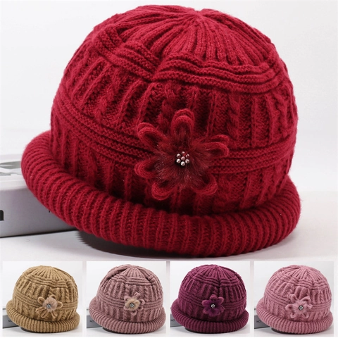 Dames Ouderen Winter Breimuts Verdikte Warme Fleece Gevoerde Vissershoed Met Strass Bloem Voor Oma Middelbare Leeftijd