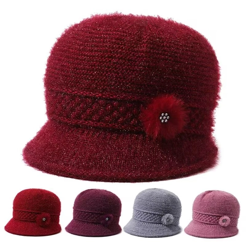Chapeau Cloche Femme Hiver Chaud En Tricot Polyester Avec Décoration Florale En Strass Pour Femme âgée élégant Automne