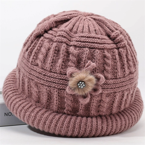 Dames Ouderen Winter Breimuts Verdikte Warme Fleece Gevoerde Vissershoed Met Strass Bloem Voor Oma Middelbare Leeftijd